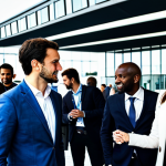Networking in Lisbon**

"A diverse group of professionals, fully clothed in stylish business attire, networking at a fashion-tech conference in Lisbon, Portugal. Modern architecture in the background. Safe for work, appropriate content, professional, perfect anatomy, natural proportions, family-friendly environment."

**