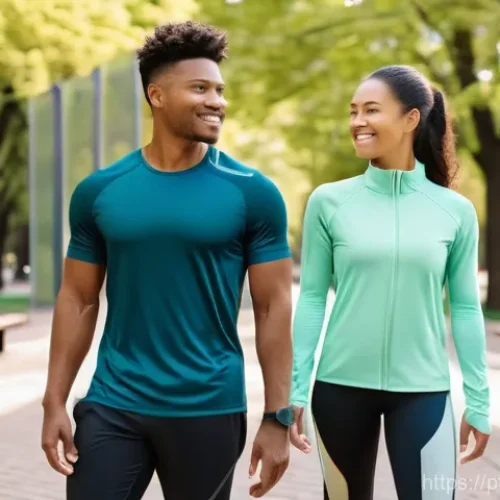 Home 21 의류기술의 역사와 발전 과정 - **Futuristic Eco-Activewear in a Smart City Park:**
"A diverse group of young adults (20-30s) ar...