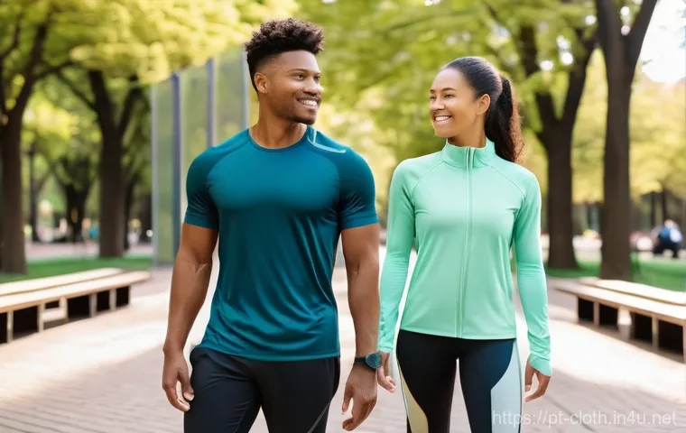 의류기술의 역사와 발전 과정 - **Futuristic Eco-Activewear in a Smart City Park:**
"A diverse group of young adults (20-30s) ar...