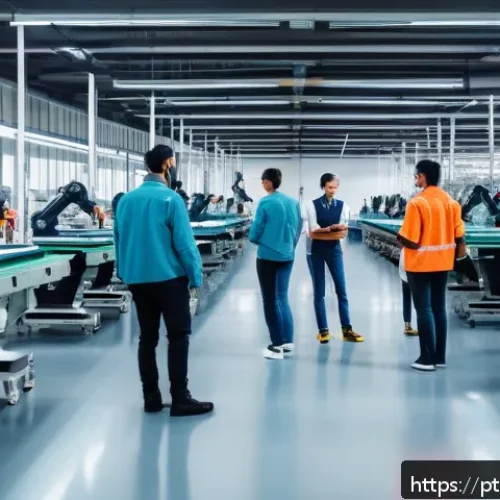 의류기술 직종별 세부 업무 - A futuristic textile factory interior with advanced robotic arms precisely cutting and sewing smart ...