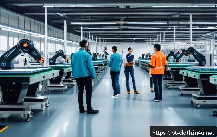 의류기술 직종별 세부 업무 - A futuristic textile factory interior with advanced robotic arms precisely cutting and sewing smart ...