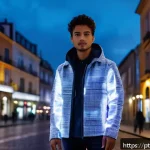 의류기술 이론의 기초부터 심화 - A modern urban scene showcasing a young adult wearing a smart jacket made from intelligent fabric th...
