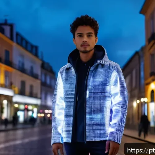의류기술 이론의 기초부터 심화 - A modern urban scene showcasing a young adult wearing a smart jacket made from intelligent fabric th...