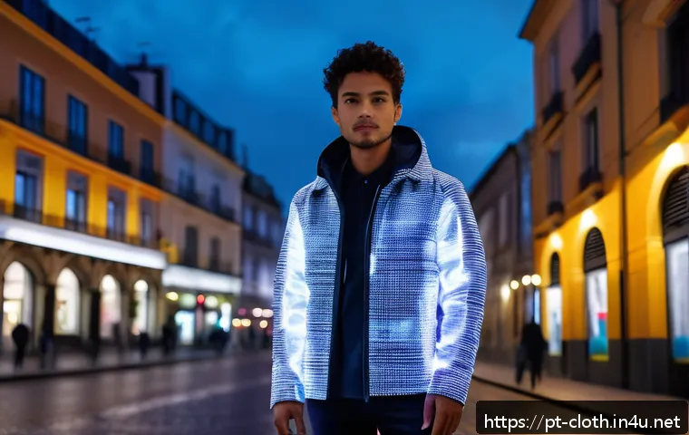 의류기술 이론의 기초부터 심화 - A modern urban scene showcasing a young adult wearing a smart jacket made from intelligent fabric th...