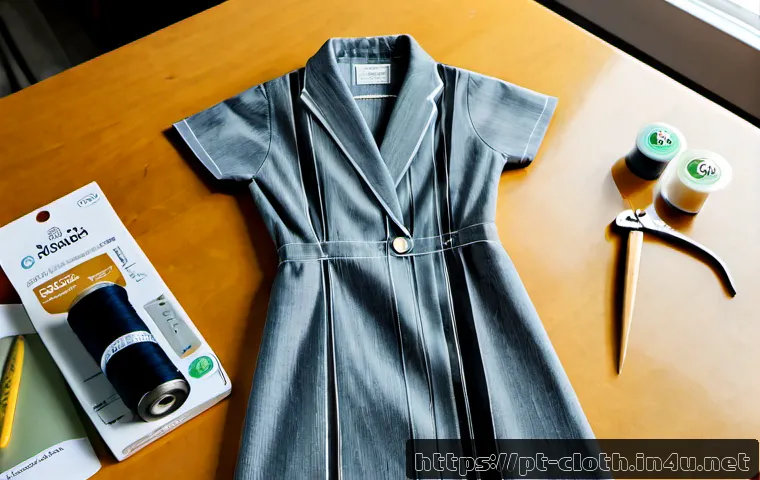 의류기술 실습 필수 도구 - Photorealistic overhead flat lay of essential garment construction practice tools on a clean light w...