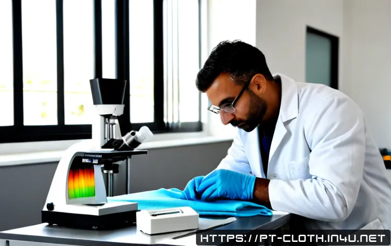 의류기술 국제 표준 인증 가이드 - Photorealistic textile quality laboratory in Portugal, a skilled technician wearing a white lab coat...